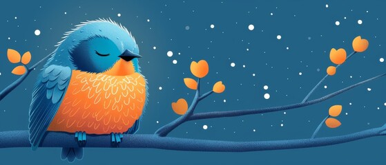   A blue and orange bird perches on a branch, surrounded by snowfall gently descending upon the tree's limbs - obrazy, fototapety, plakaty