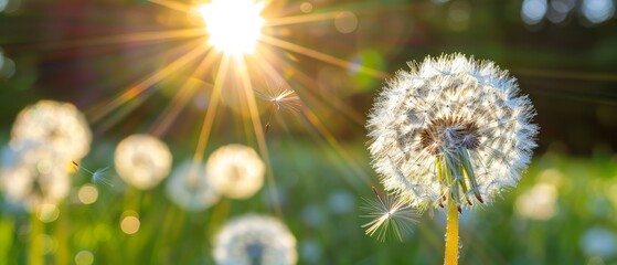   A tight shot of a dandelion amidst a sea of grass, bathed in sunlight as it filters through their delicate heads