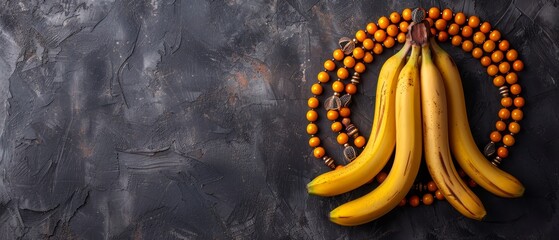   A table holds ripe bananas and oranges in separate arrangements - obrazy, fototapety, plakaty