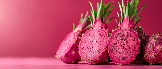   A group of dragon fruits halved on a pink backdrop - two hemisphere shapes exposed