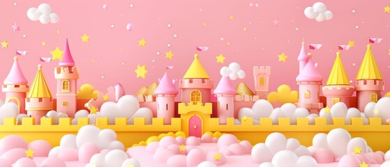   A pink castle with stars and clouds on a pink backdrop; clouds in the foreground, stars in the sky