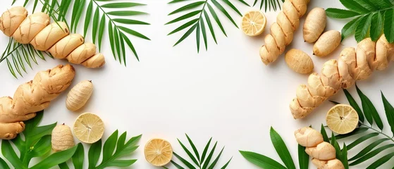 Foto op Plexiglas   A collection of sliced lemons arranged on a table, surrounded by palm leaves and presented with additional slices on a pristine white surface © Jevjenijs