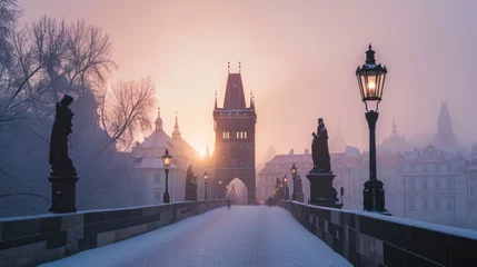  A winter morning of Charles Bridge with snow and historic buildings in the city of Prague, Czech Republic in Europe. © rabbit75_fot