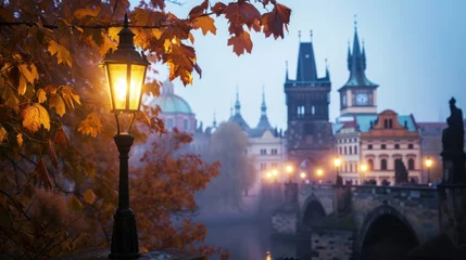 Papier Peint photo autocollant Pont Charles Autumn foliage with beautiful historical buildings of Prague city in Czech Republic in Europe.