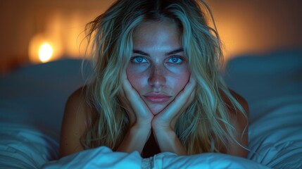   A woman lies in bed, hands cradling her face, gazing seriously at the camera - obrazy, fototapety, plakaty