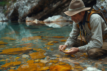 A man dressed in hiking gear is searching for gold in a forest stream, exemplifying the concept of exploration and luck