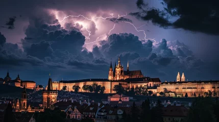 Fotobehang Thunderstorm over Prague city in Czech Republic in Europe. © rabbit75_fot