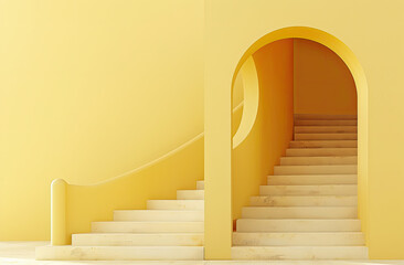 arch shaped doorway leading to stairs in the style of minimalism, yellow color palette, light background 