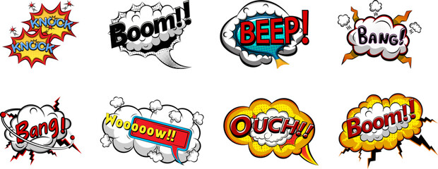 Cartoon comic sign burst clouds. Speech bubble, boom sign expression and pop art text frames. Comics mem expressions speech, superhero book bubbles label. Isolated vector symbols set - obrazy, fototapety, plakaty