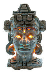 A Mayan deity wearing Bluetooth earbuds, each earbud shaped like a tiny, glowing pyramid. isolated on white background or transparent background, die-cut, png cutout