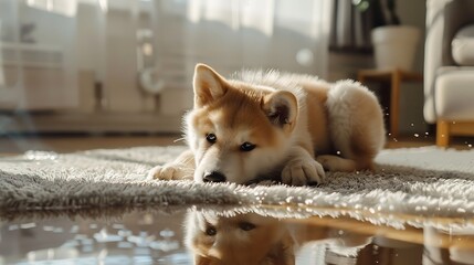 Adorable akita in puppy near puddle on rug at home