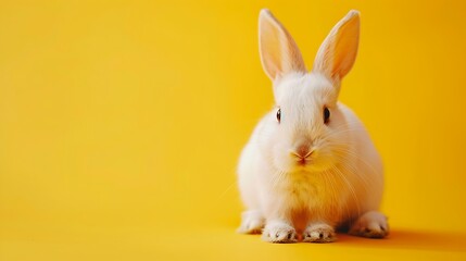 Fototapeta na wymiar Adorable baby white rabbit sitting on yellow background