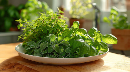 a bunch of thyme, basil, oregano on a plate - 776166467