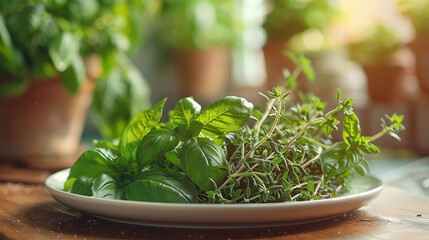 a bunch of thyme, basil, oregano on a plate - 776166475