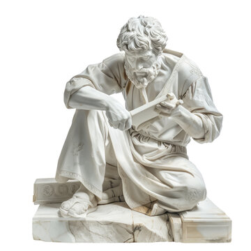 A Renaissance artist with an electric sculpting tool, carving intricate details into a block of marble with effortless precision. isolated on white background or transparent background