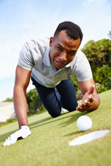 Man, sport and miss hole in golf, sad for fail or loss with expression, competition and...