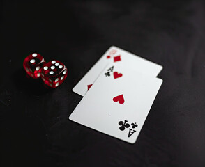 Black background, cards with red dice on the edges The card is white and has four Aces on it Black background, black background, minimalist style
