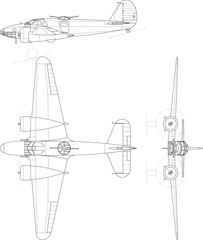 Fighter jet, plane, drawing, blueprint, outline eps vector illustration, line art, 3 view, cnc cut file, laser engraving, cricut, laser cut file