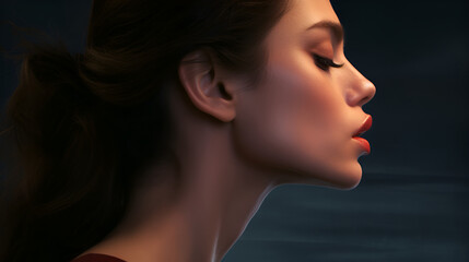 Fototapeta premium Beautiful cute face of a girl in profile as an advertisement for facial care, light smooth delicate skin, dark hair, dark background