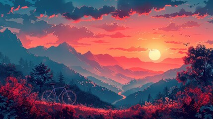 A scenic bicycle ride through a vibrant landscape, symbolizing exploration and fitness, solid color background, 4k, ultra hd - obrazy, fototapety, plakaty