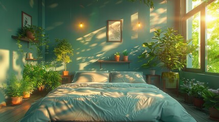 A serene bedroom setup promoting good sleep hygiene with plants and minimal light, solid color background, 4k, ultra hd