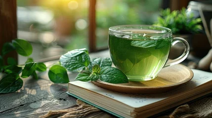 Fotobehang A serene setting for journaling beside a cup of green tea, promoting reflection and tranquility, solid color background, 4k, ultra hd © Gefo