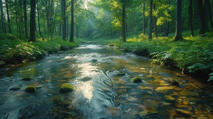 A tranquil creek meandering through a lush forest, illustrating natureâ€™s hydration system, solid color background, 4k, ultra hd