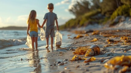 Active family engaging in a beach cleanup, merging fitness with environmental care, solid color background, 4k, ultra hd