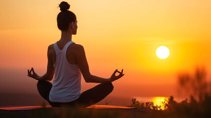 Woman practicing yoga, sitting in lotus position. Serenity, meditation, Zen. Yoga in nature. Yoga practice at sunset.