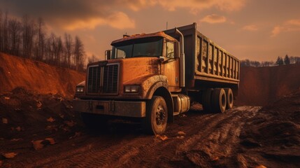 Large quarry dump truck. Dump truck carrying coal, sand and rock. Trucks moving on dirt country road in forest.