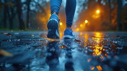 Atmospheric perspective of a morning jog in light rain, emphasizing the importance of hydration inside and out, solid color background, 4k, ultra hd - obrazy, fototapety, plakaty