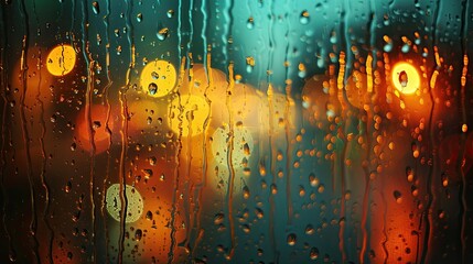 Artistic photo of raindrops on a window with a blurred, rainy landscape in the background, evoking a sense of hydration, solid color background, 4k, ultra hd