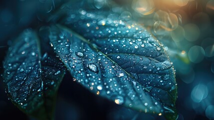 Artistic arrangement of water droplets forming patterns on a leaf, symbolizing natural hydration, solid color background, 4k, ultra hd - obrazy, fototapety, plakaty