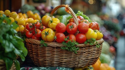 Basket filled with fresh farmers market produce, emphasizing organic choices, solid color background, 4k, ultra hd
