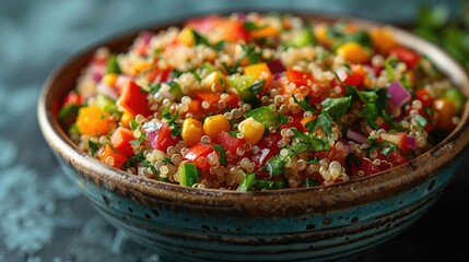 Bowl of quinoa salad with vibrant vegetables, showcasing a protein-rich meal, solid color background, 4k, ultra hd