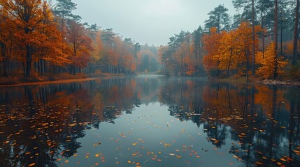 Calm lake surrounded by autumn trees, reflecting the serene and sustaining nature of water sources, solid color background, 4k, ultra hd