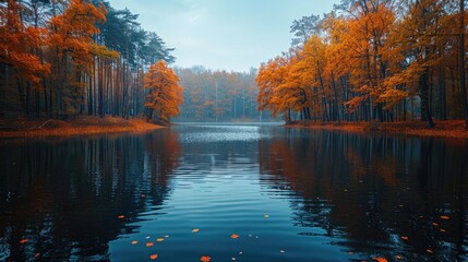 Calm lake surrounded by autumn trees, reflecting the serene and sustaining nature of water sources, solid color background, 4k, ultra hd