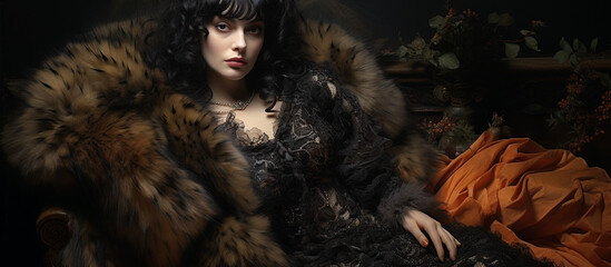 portrait of a seductive woman femme-fatale lounging in fur coat black lace, widescreen, space for text, asset, sensual 