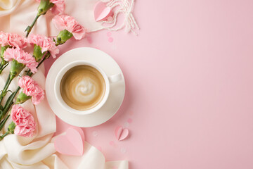 Gentle Mother's morning: Top view of soft scarf, carnations, and a heartwarming coffee cup on a...
