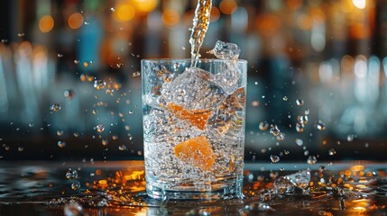 Close-up of a bartender pouring a stream of sparkling water into a glass, capturing the essence of refreshment, solid color background, 4k, ultra hd - obrazy, fototapety, plakaty