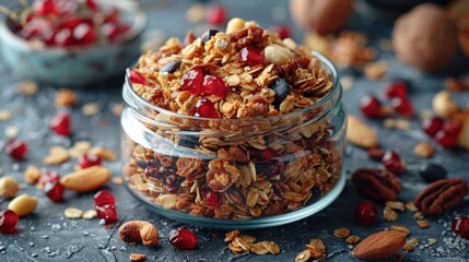 Close-up of organic homemade granola with natural sweeteners and nuts, solid color background, 4k, ultra hd - obrazy, fototapety, plakaty