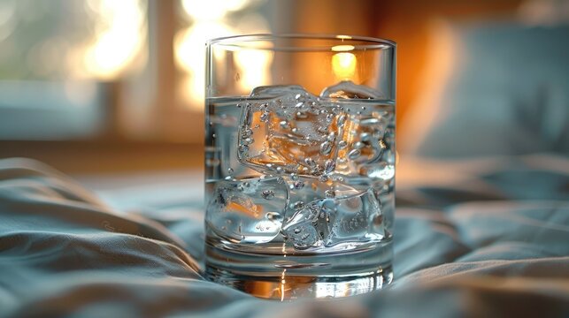 Clear, refreshing glass of water placed beside a bed in a minimalist bedroom, emphasizing hydration as part of sleep hygiene, solid color background, 4k, ultra hd