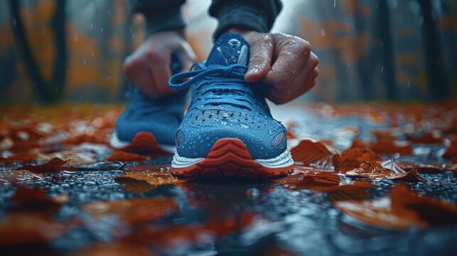 Close-up of a person tying running shoes, symbolizing preparation and determination, solid color background, 4k, ultra hd