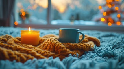 Cozy winter planning nook with a warm blanket, a lit candle, a soft music playlist, and a hot cup of herbal tea, solid color background, 4k, ultra hd