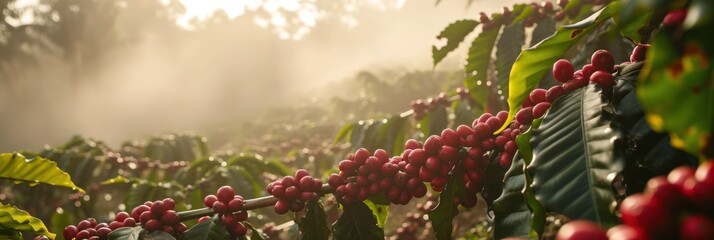 Fresh coffee berries from plantation farm at sunrise in a foggy morning. - obrazy, fototapety, plakaty