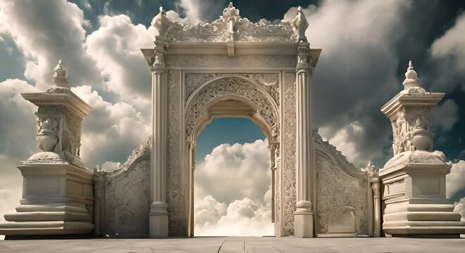 Witness the open archway gates of heaven amidst white clouds, offering an astonishing entrance to God's paradise beauty.