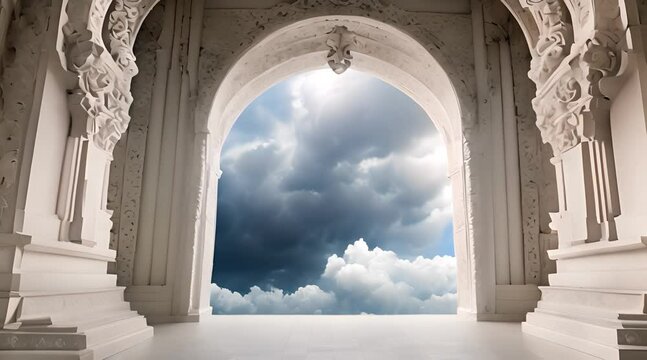 Witness the open archway gates of heaven amidst white clouds, offering an astonishing entrance to God's paradise beauty.