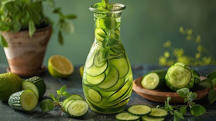 Elegant carafe filled with cucumber-infused water, accented by fresh cucumber slices, solid color background, 4k, ultra hd