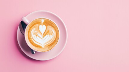 Close-up view of a cup of coffee with heart shape latte art over pink background. - obrazy, fototapety, plakaty