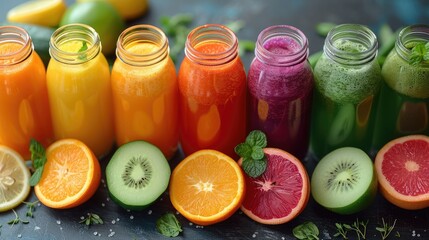 Freshly squeezed vegetable juices with vibrant colors, promoting detox and vitality, solid color background, 4k, ultra hd - obrazy, fototapety, plakaty